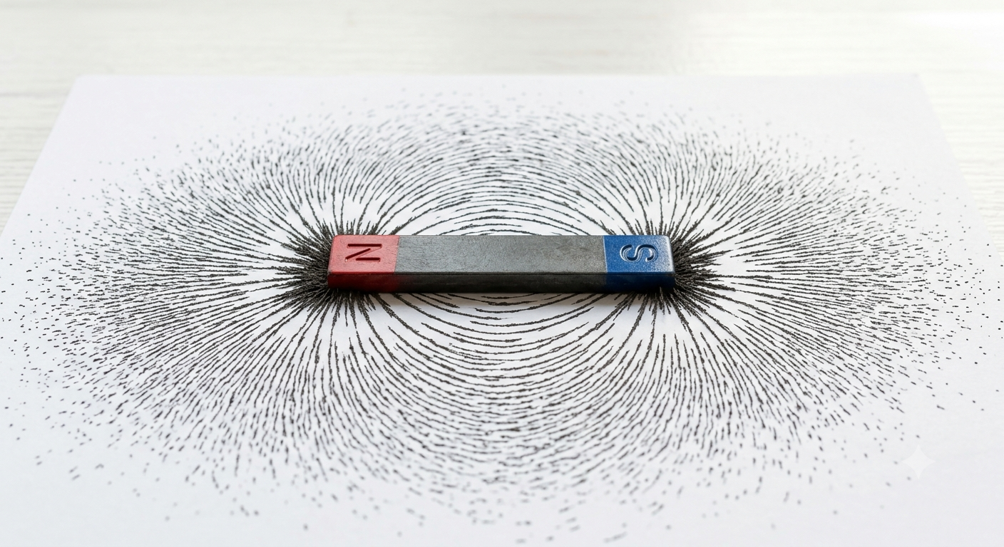Un magnete con le linee di campo rese visibili da limatura di ferro.
