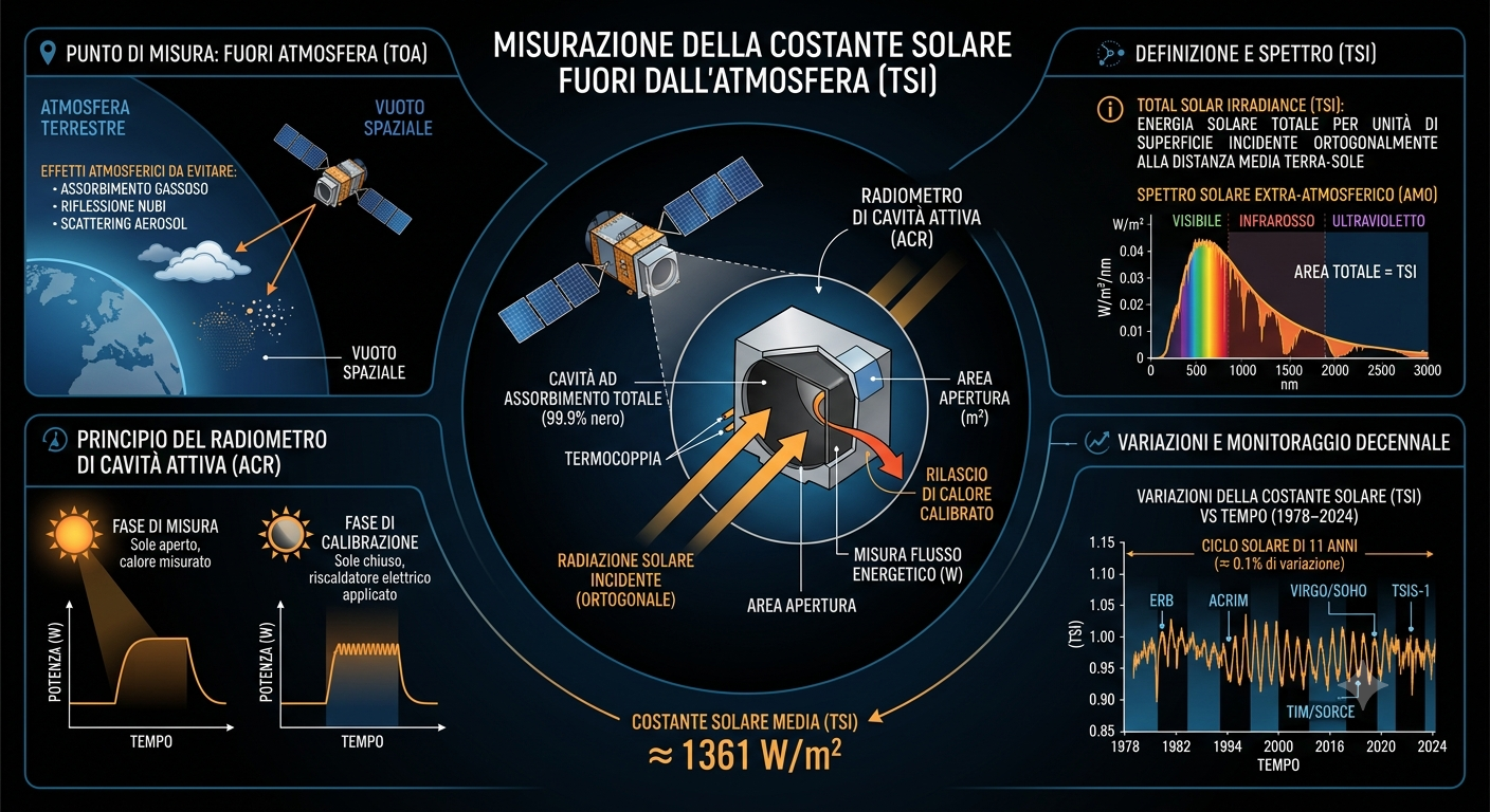 Evoluzione delle misure satellitari di TSI dal 1978 a oggi, con convergenza verso il valore di 1361 W/m²