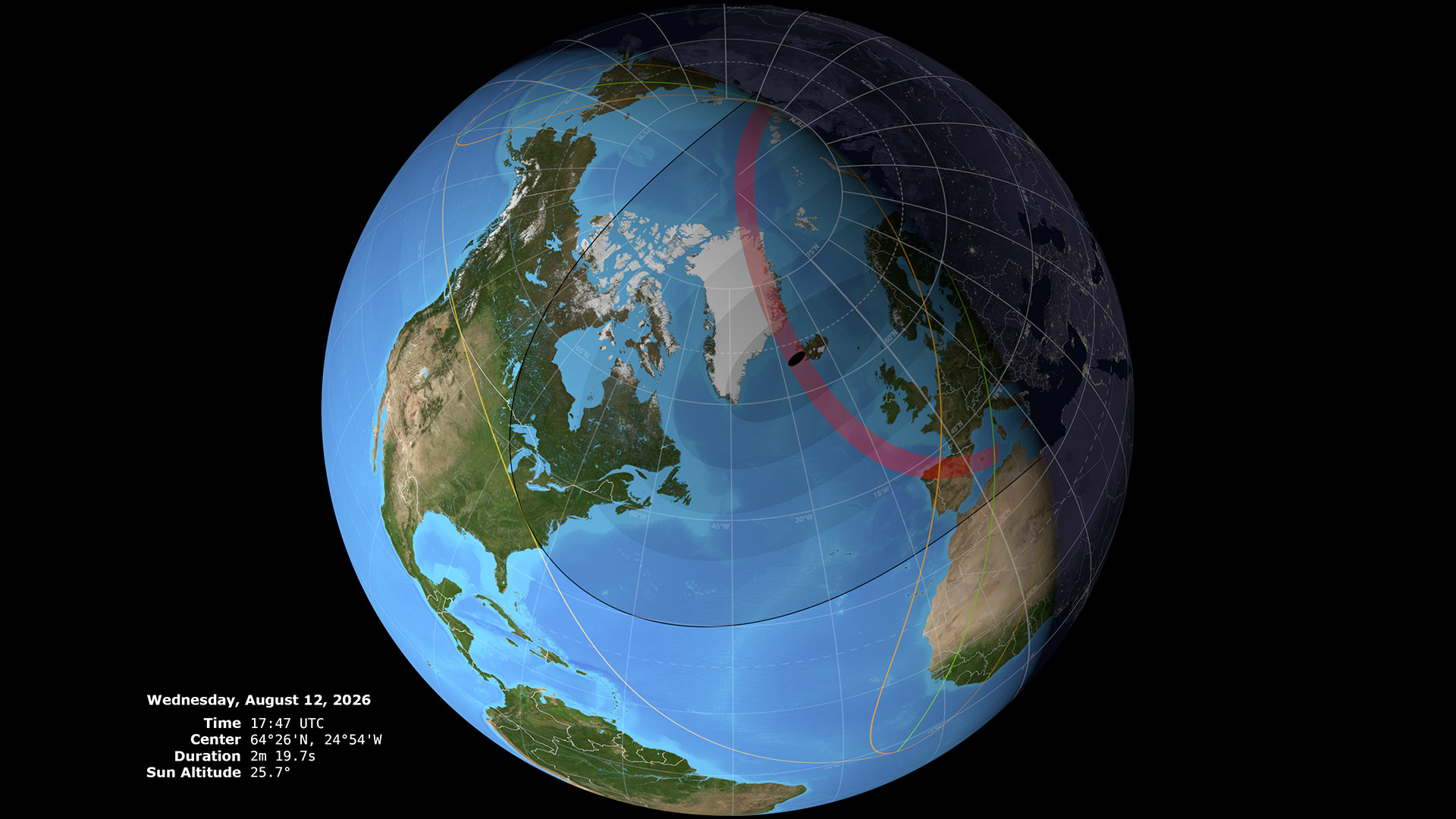 Mappa del percorso dell'eclissi totale del 12 agosto 2026 tra Artico, Groenlandia, Islanda e Spagna