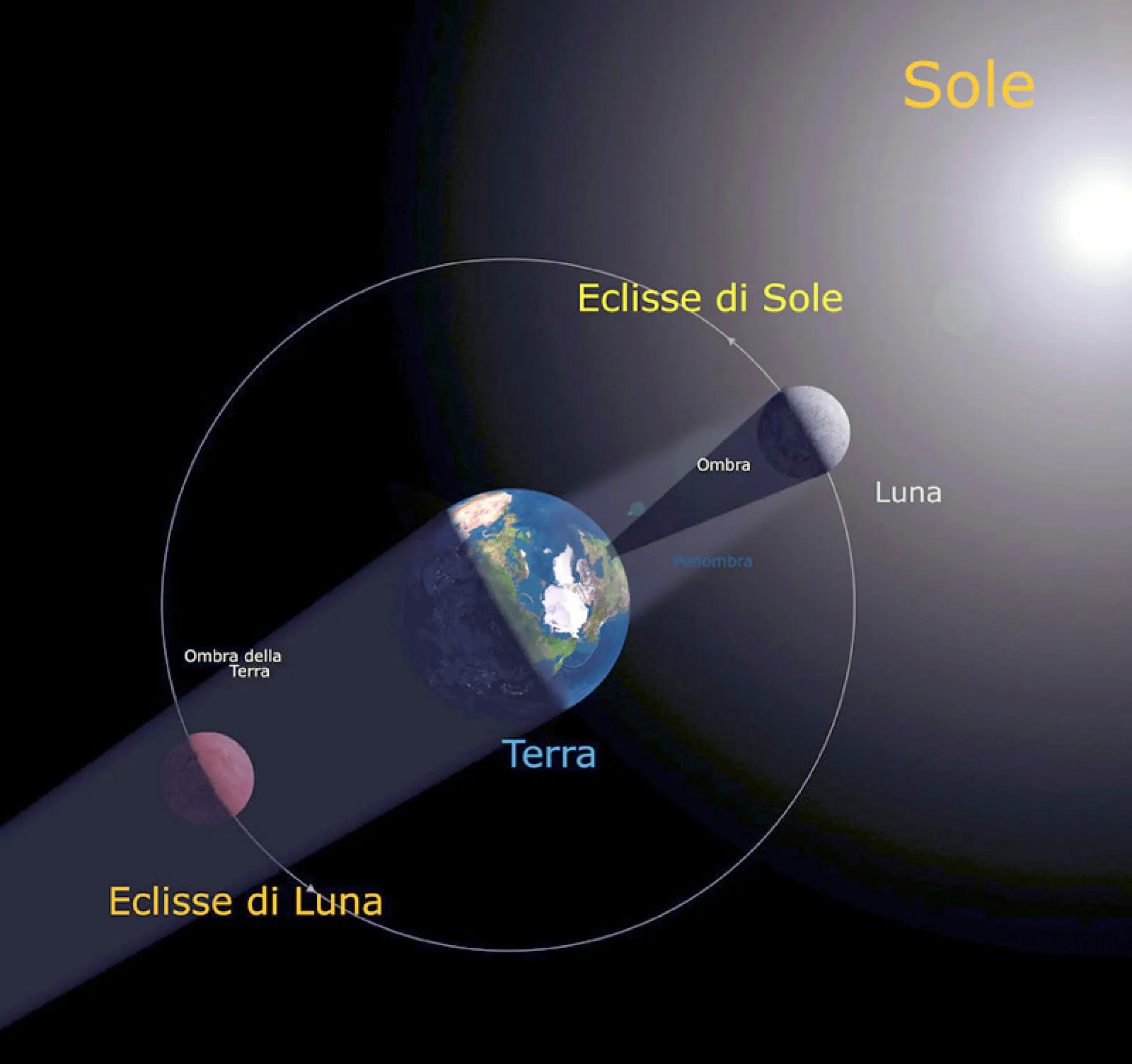 Schema di congiunzione e opposizione tra Sole, Luna e Terra