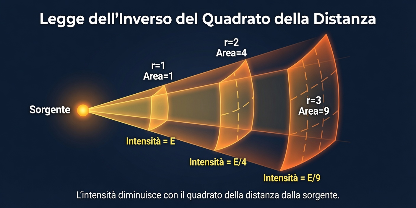Illustrazione della legge dell'inverso del quadrato della distanza.