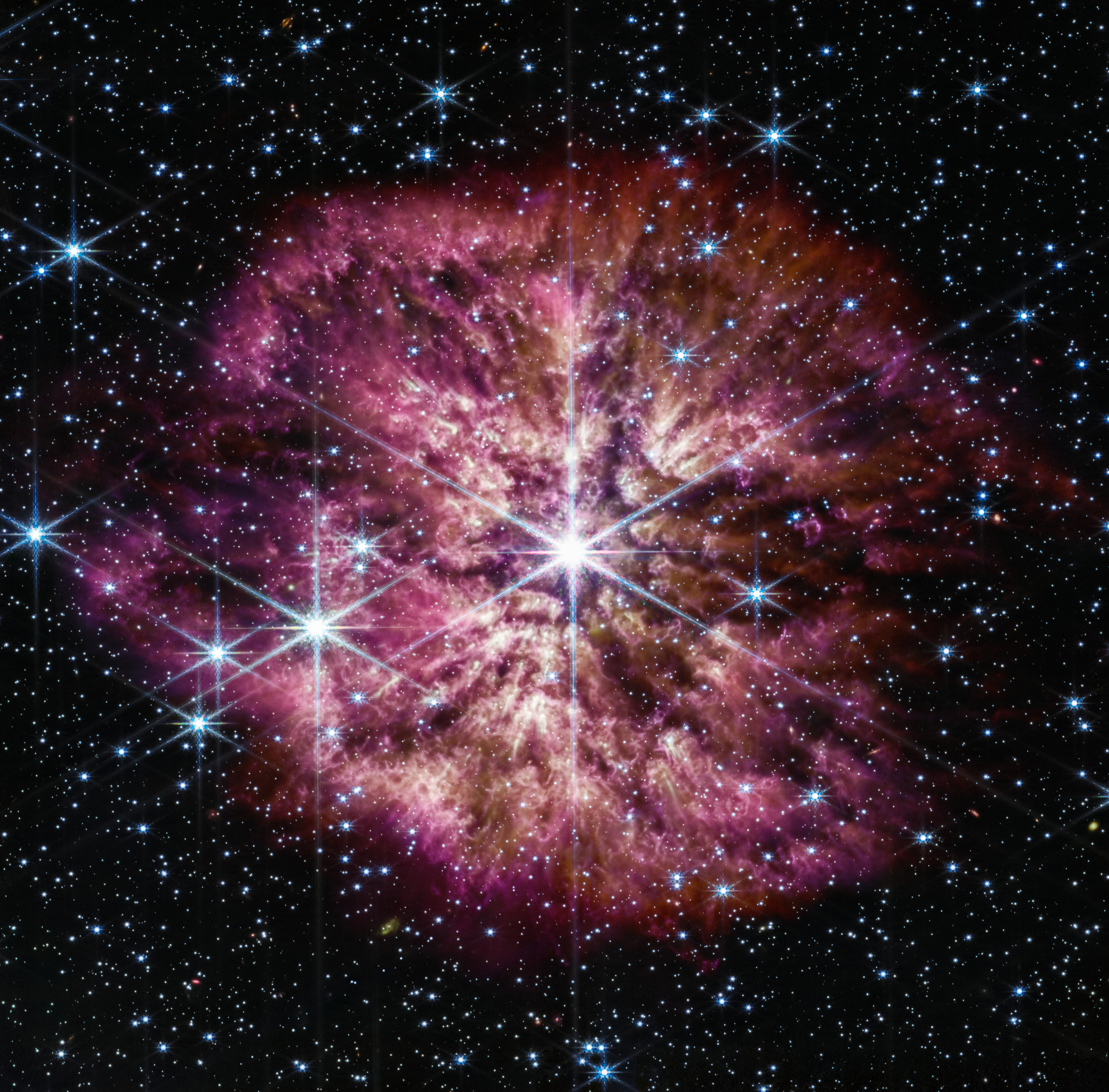 La stella di Wolf-Rayet WR 124, ripresa dal JWST nel vicino e medio infrarosso nel 2023. La nebulosa che circonda la stella, chiamata M1-67, è stata prodotta da WR 124 nel corso di precedenti episodi eruttivi.