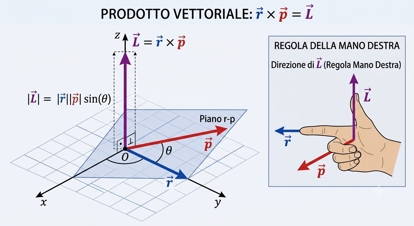 Rappresentazione grafica del prodotto vettoriale $\vec{r}\times\vec{p}$ con l'illustrazione della regola della mano destra.