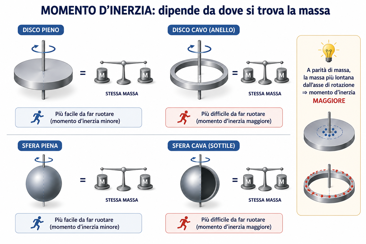 Nella sua essenza, il momento di inerzia è la resistenza di un corpo a cambiare il suo stato di rotazione e dipende dalla distribuzione della massa intorno all'asse di rotazione considerato.