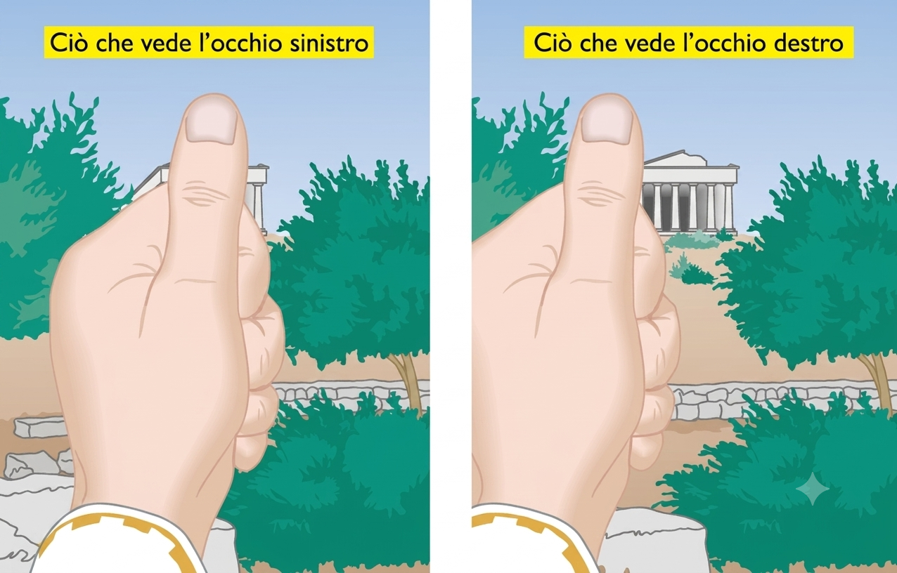 Illustrazione dell'angolo di parallasse creato dal guardare con un occhio alla volta nella stessa direzione.