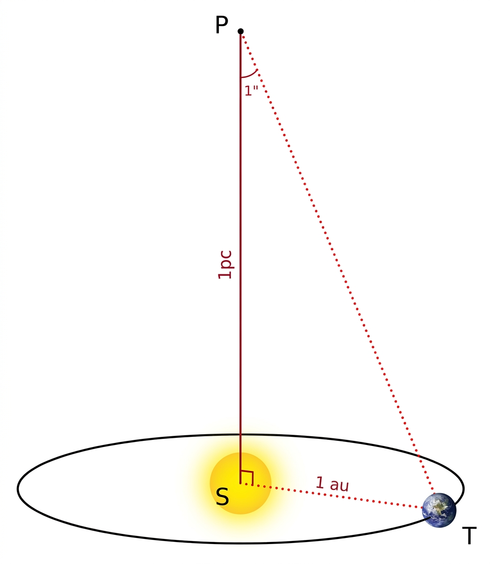Rappresentazione non in scala dell'angolo di un secondo d'arco che sottende, visto dalla Terra, la lunghezza di un parsec.