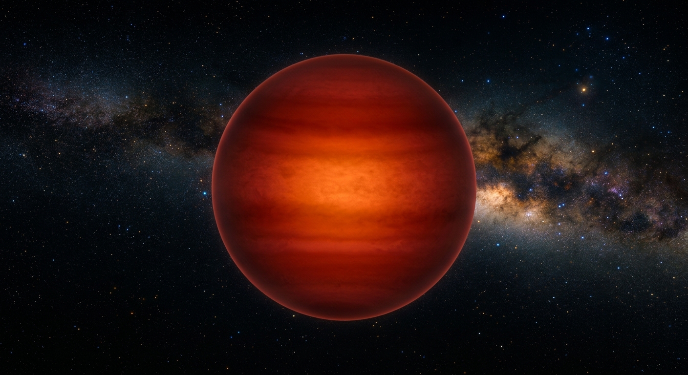 Rappresentazione artistica di 2MASS 1626+3925: una sfera rosso scuro, attraversata da bande appena accennate, sullo sfondo della Via Lattea.