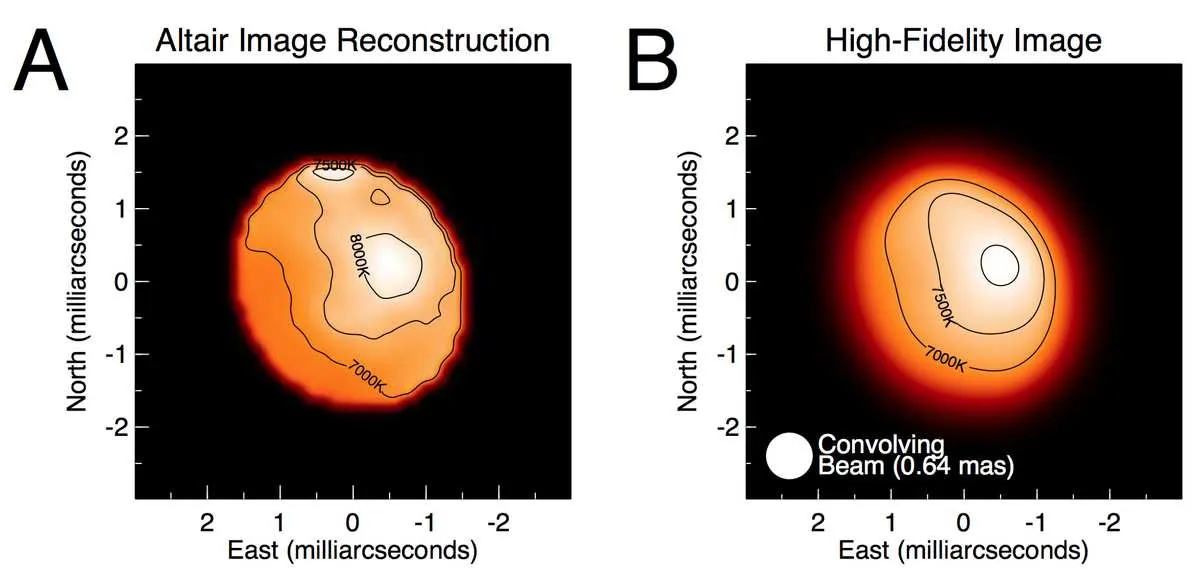 Immagine di Altair ricostruita in base alle immagini interferometriche e alle differenze di temperatura.