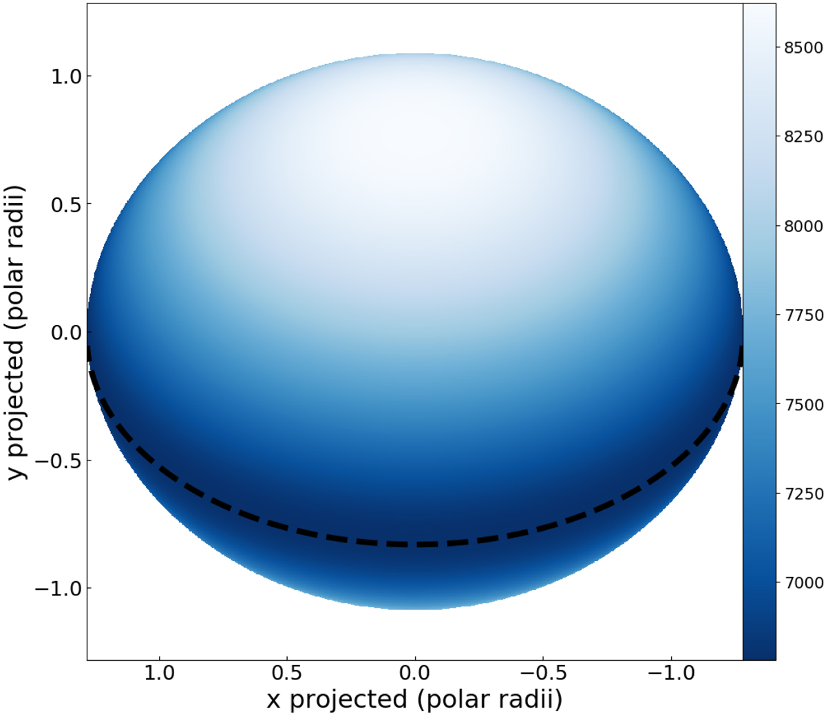 Mappa superficiale della temperatura efficace del miglior modello ESTER tratto dallo studio Kevin Bouchaud e colleghi. La linea tratteggiata indica l'equatore. I valori sono espressi in Kelvin.