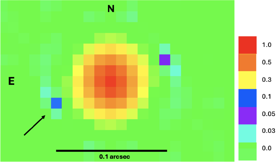 Un grafico in colori arbitrari che mostra Betelgeuse al centro e la posizione della candidata compagna (indicata dalla freccia).
