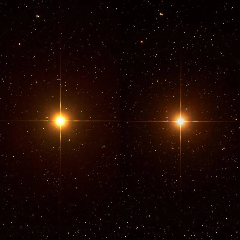 Due foto a confronto che mostrano l’evidente diminuzione della luminosità di Betelgeuse