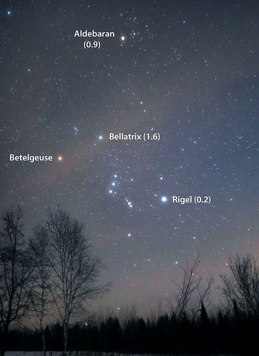 Una foto scattata il 22 dicembre 2019. Betelgeuse appare nettamente meno luminosa di Aldebaran e solo un po’ più luminosa di Bellatrix.