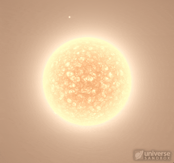 Una simulazione dello scenario ipotizzato da Craig Wheeler e colleghi. Una stella simile al Sole viene ingoiata dalla supergigante rossa Betelgeuse. La fusione tra le due stelle produce l’espulsione violenta di una grande nube di detriti. 