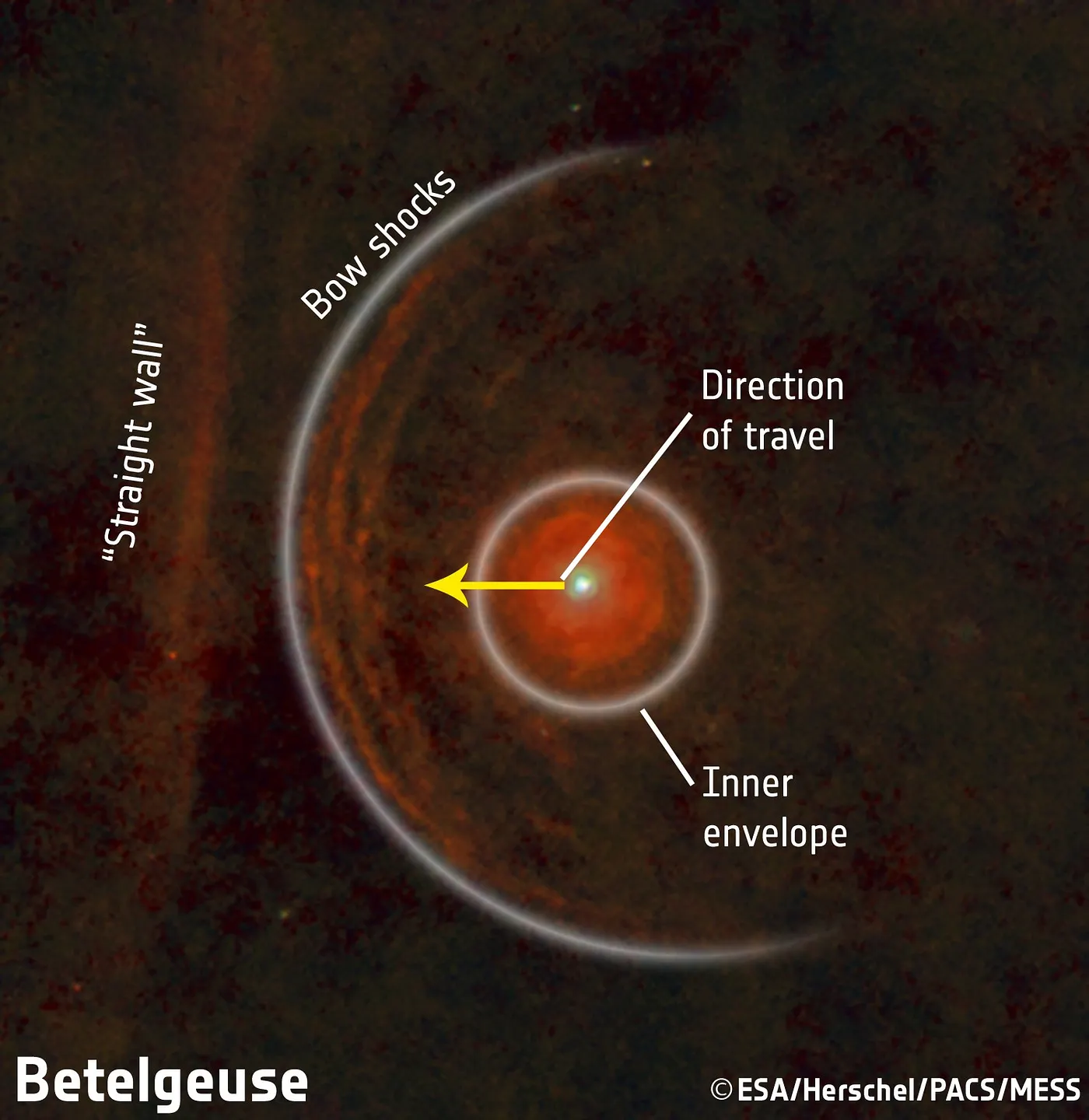 L'onda d'urto che precede il moto di Betelegeuse nell'ambiente circumstellare.