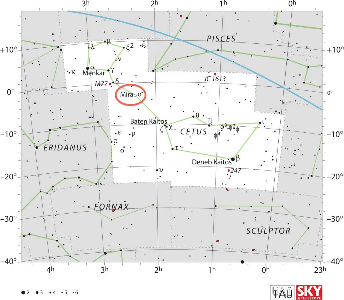 La posizione di Mira (Omicron Ceti) nella costellazione della Balena