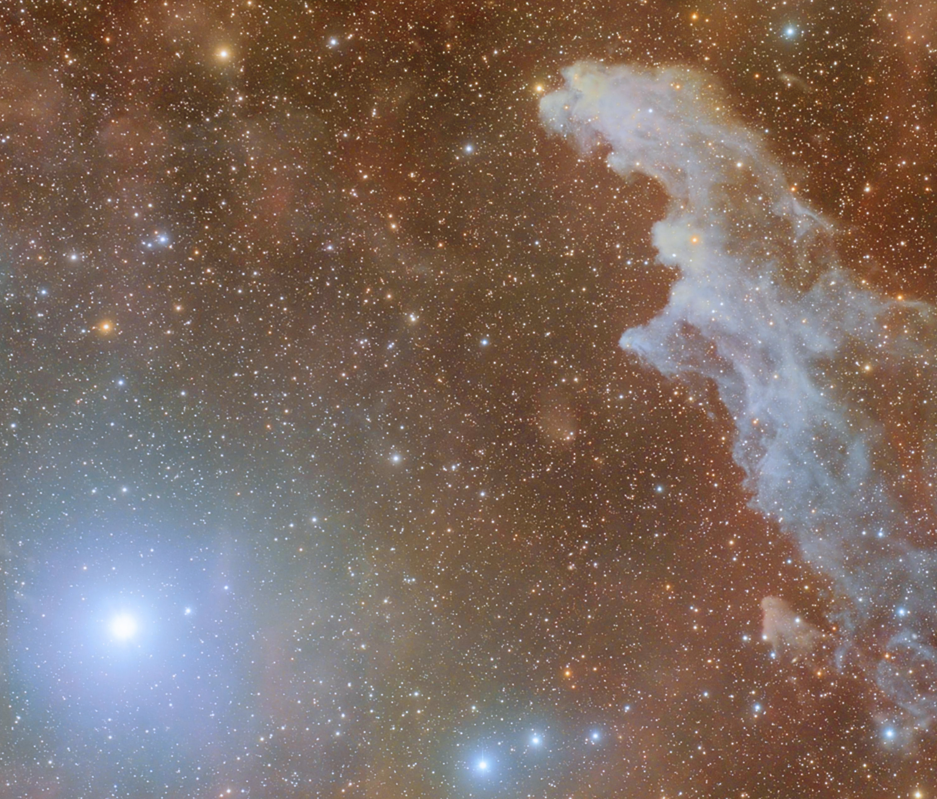 Rigel, luminosissima, in basso a sinistra, e la nebulosa Testa di Strega (IC 2118) sulla destra