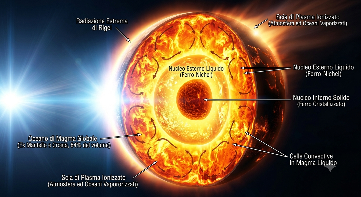 La Terra trasformata in una sfera di magma globale sotto l'azione della radiazione di Rigel