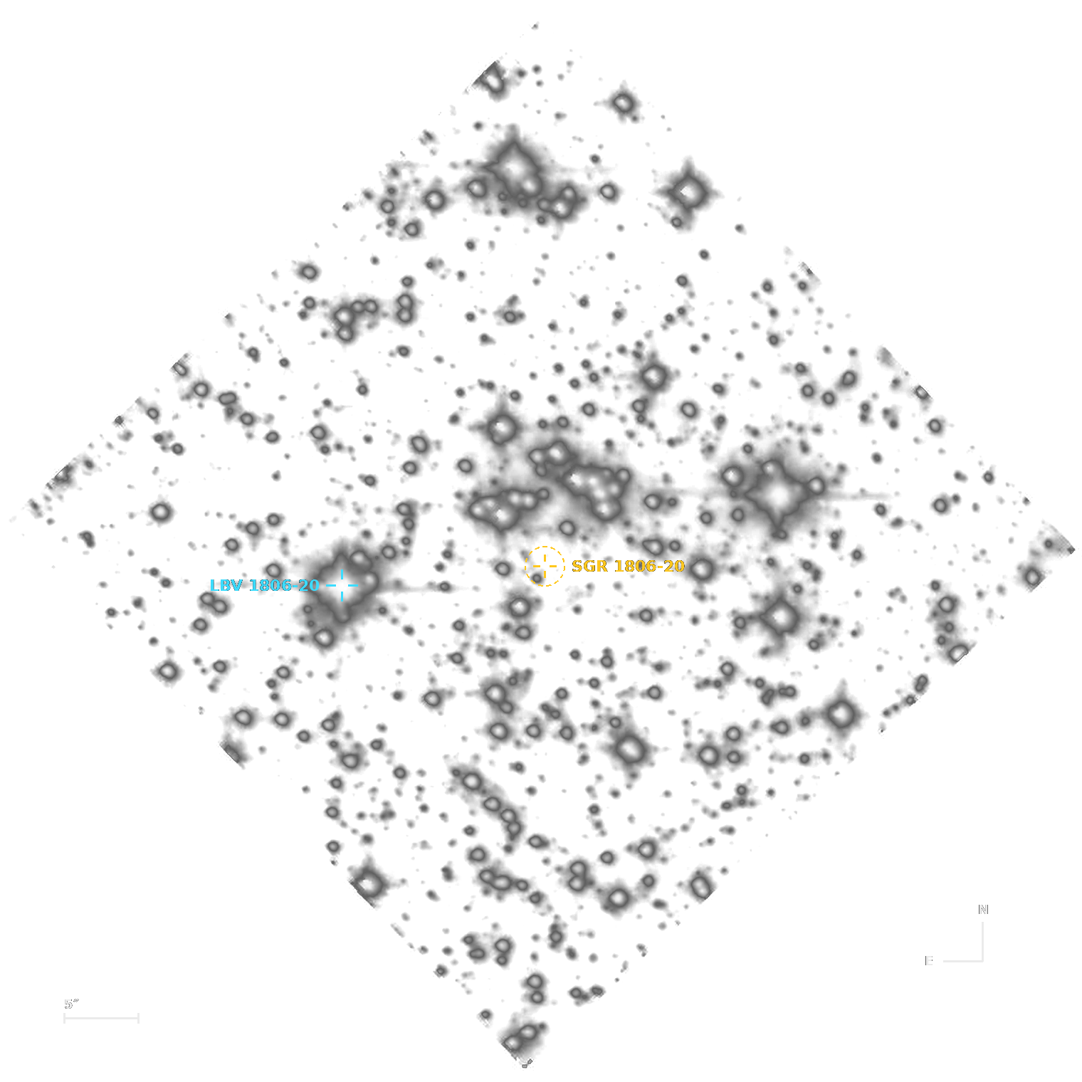 Il campo di SGR 1806-20 nel vicino infrarosso, ripreso dalla telecamera NICMOS di Hubble l'11 ottobre 2004. Il cerchio giallo segna la posizione attesa della magnetar, ma non è possibile sapere se la debole stellina visibile al suo interno sia la controparte infrarossa di SGR 1806-20.