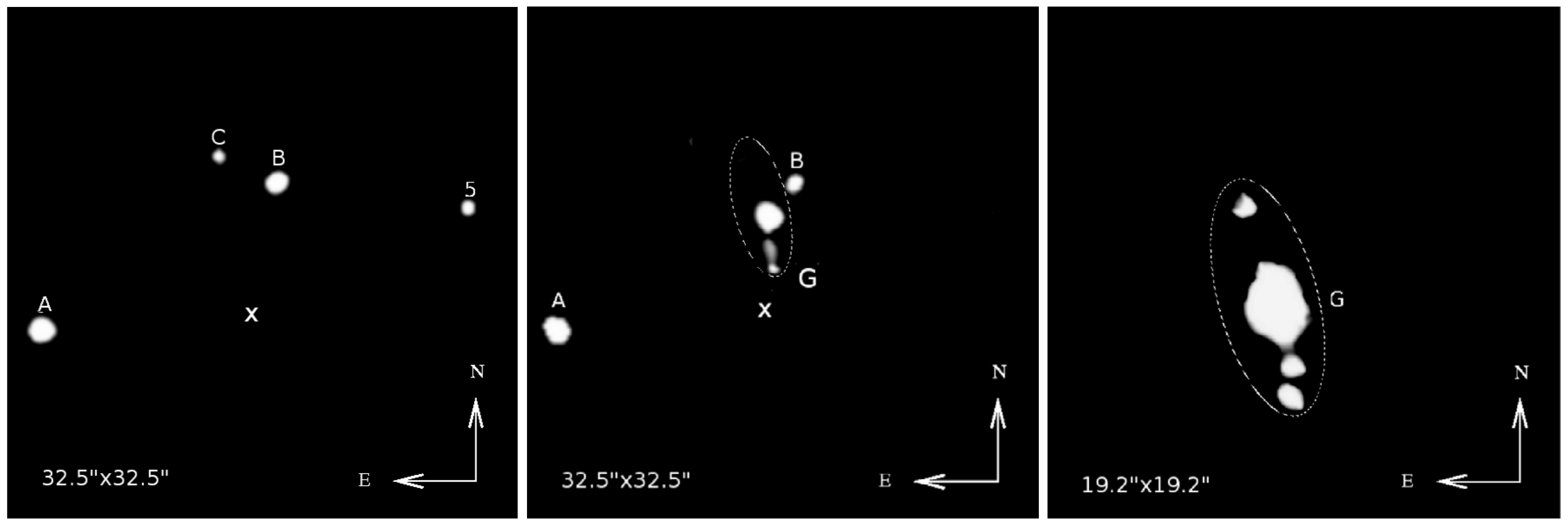 L'ambiente di SGR 1806-20 nel medio infrarosso, ripreso con lo strumento VISIR del Very Large Telescope nel giugno 2006, in tre filtri.