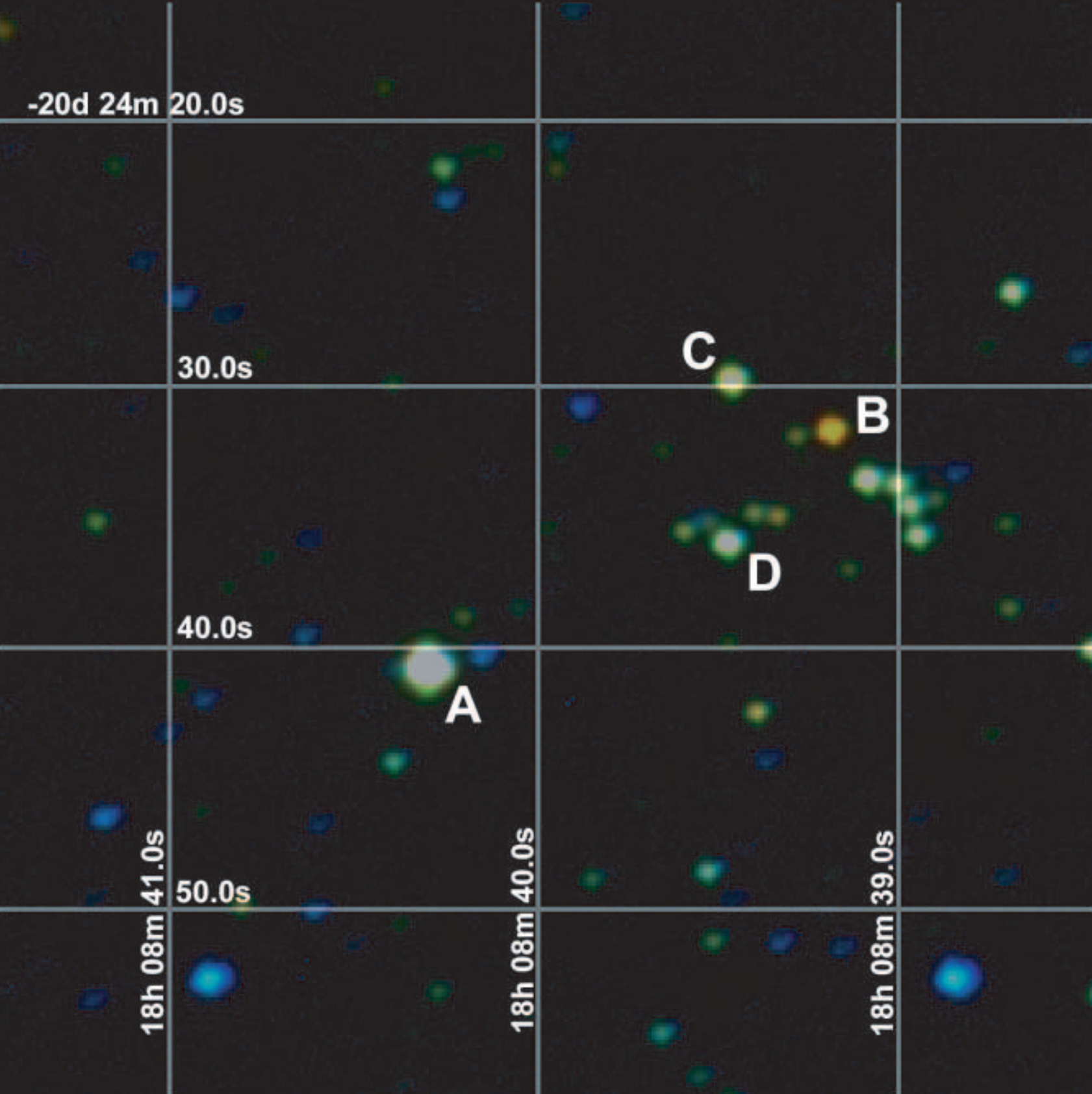 Immagine nel vicino infrarosso dell'ammasso a cui appartiene SGR 1806-20, la cui debole controparte infrarossa non è riconoscibile a questa scala. La stella contrassegnata con la lettera A è LBV 1806-20, quella con la B è una stella di Wolf-Rayet, anch'essa molto calda e luminosa.