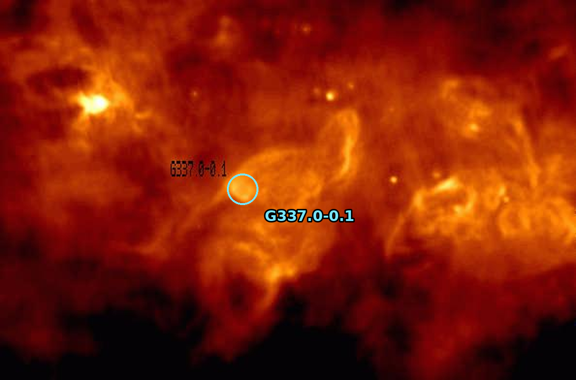 Immagine radio del complesso di formazione stellare CTB 33 ottenuta con l'Australia Telescope Compact Array. Il cerchio azzurro indica il piccolo resto di supernova G337.0-0.1, associato alla SGR 1627-41.