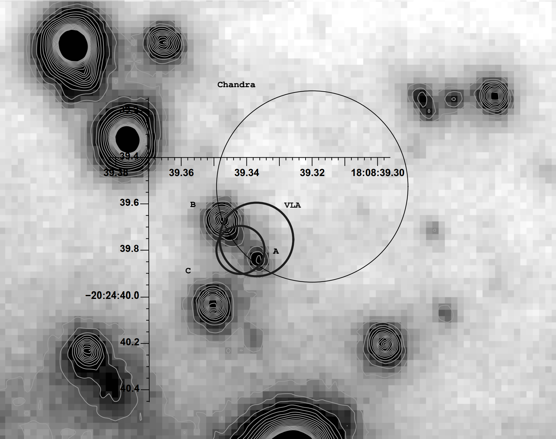 Primo piano del campo di SGR 1806-20 in banda Ks, ripreso con lo strumento NACO al VLT Yepun nel dataset del 18 giugno 2004.