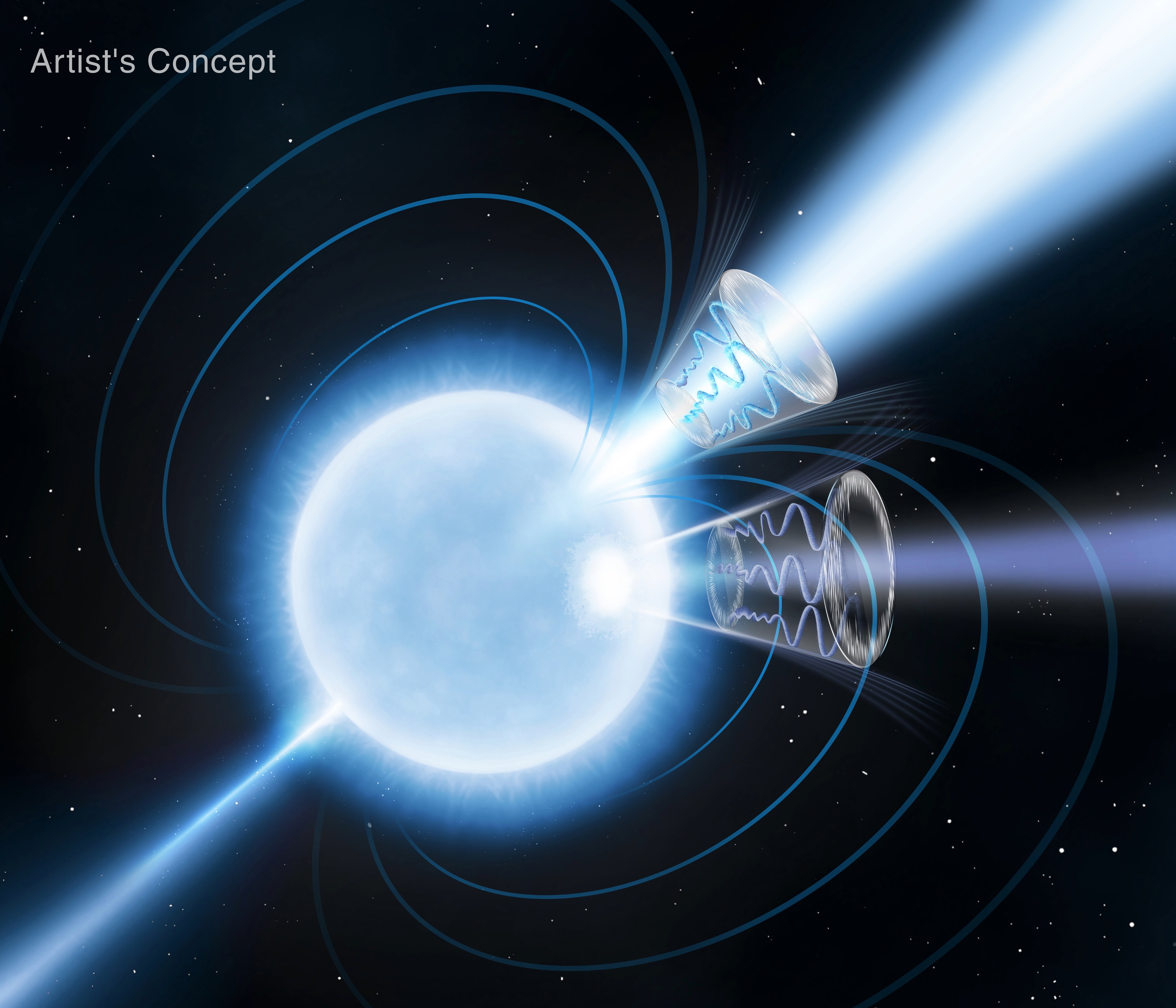 Illustrazione artistica che raffigura la magnetar 1E 1547.0−5408. Le curve blu che si irradiano dai due poli magnetici della stella rappresentano le linee di campo magnetico. 