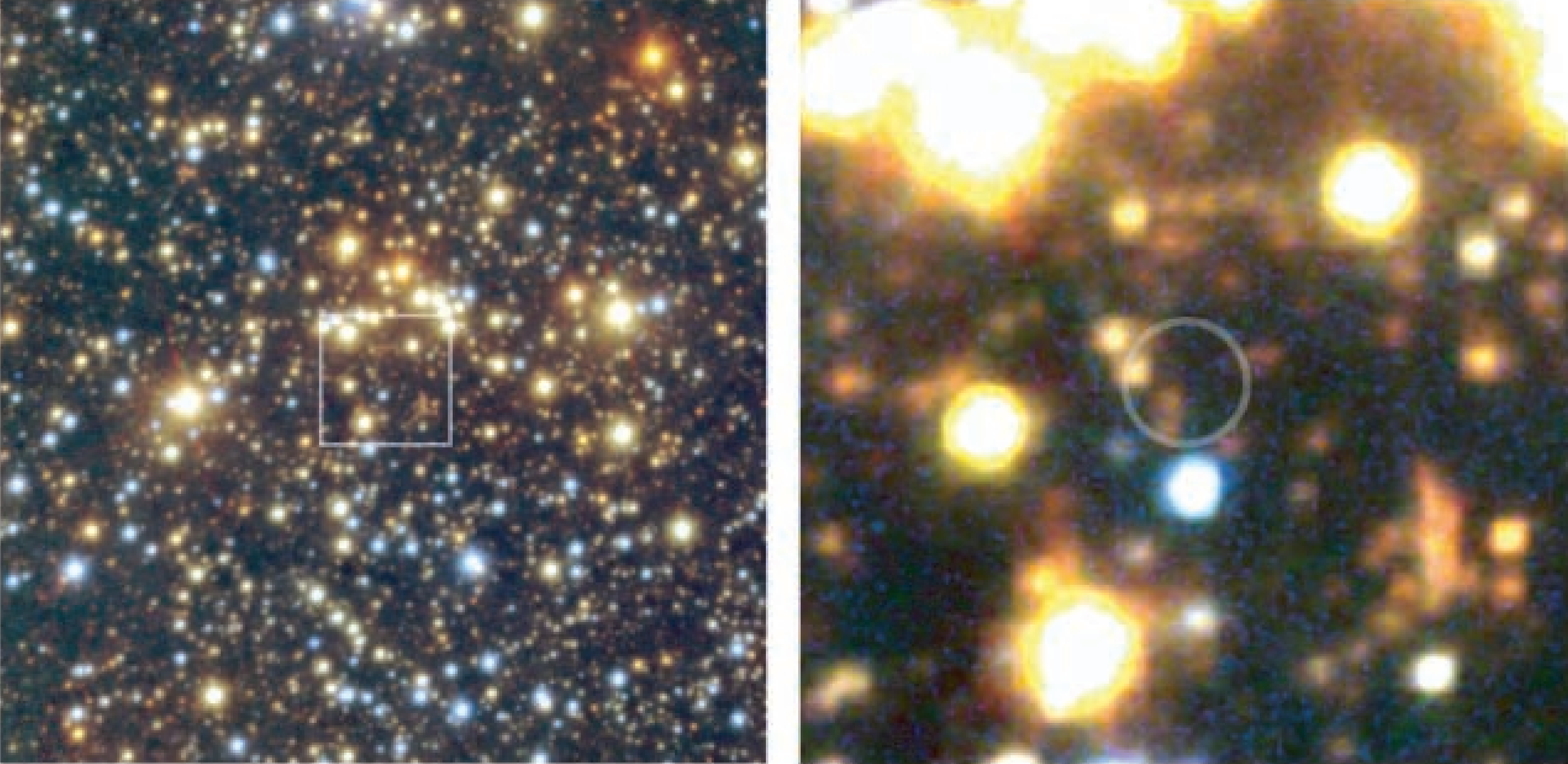 A sinistra, immagine a colori del campo di SGR 1806-20 ottenuta il 25 maggio 2002 con la camera IRCS del telescopio Subaru: il blu rappresenta la banda *J*, il verde la banda *H*, il rosso la banda *K′*. Il nord è in alto, l'est a sinistra. Il riquadro grigio al centro indica la regione ingrandita nel pannello di destra. A destra, primo piano della regione centrale: il cerchio grigio rappresenta l'errore di posizione a raggi X di Chandra. SGR 1806-20 dovrebbe trovarsi all'interno di quel cerchio.