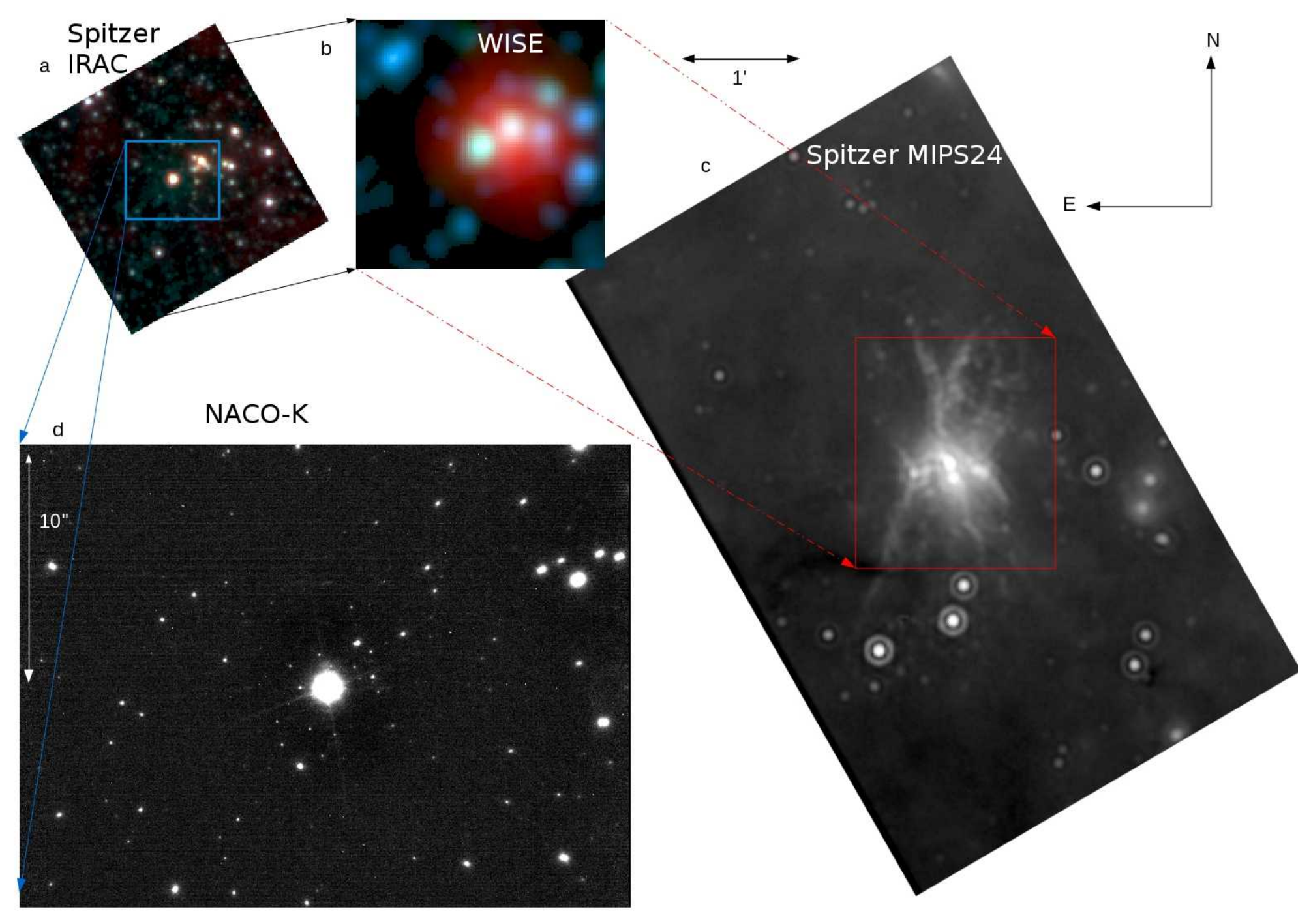 Immagini nell'infrarosso della supergigante LBV 1806-20, riprese dai telescopi spaziali Spitzer e WISE e dallo strumento NACO del Very Large Telescope.