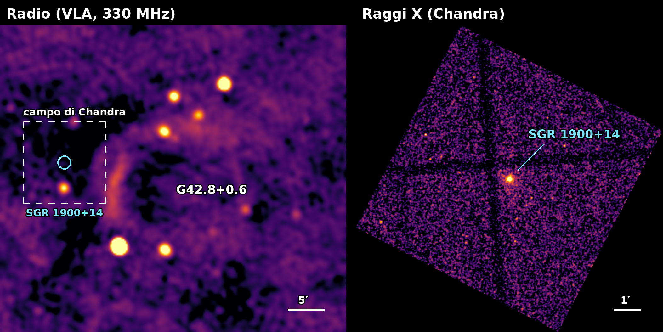 Due immagini affiancate della stessa regione di cielo. A sinistra, in radio, il debole guscio del resto di supernova G42.8+0.6, con la posizione di SGR 1900+14 segnata da un cerchio appena fuori dal bordo orientale. A destra, ai raggi X, il campo di Chandra attorno alla magnetar, che vi appare come l'unica sorgente brillante.