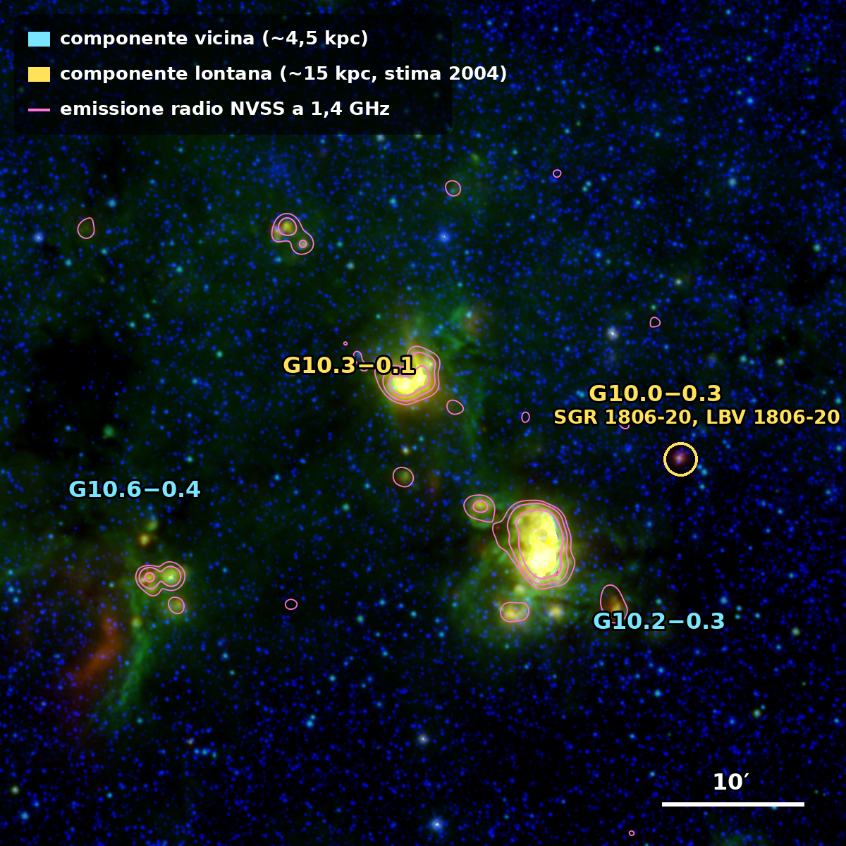 Il complesso W31 nel medio infrarosso, ripreso dal telescopio spaziale WISE, con sovrapposti i contorni dell'emissione radio a 1,4 GHz